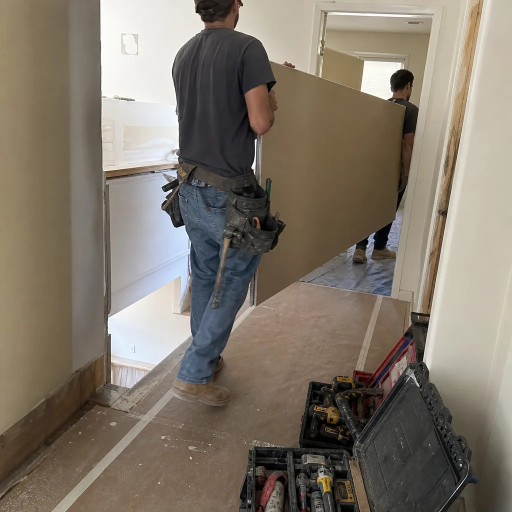 Two general contractors carrying a large drywall panel at a construction site
