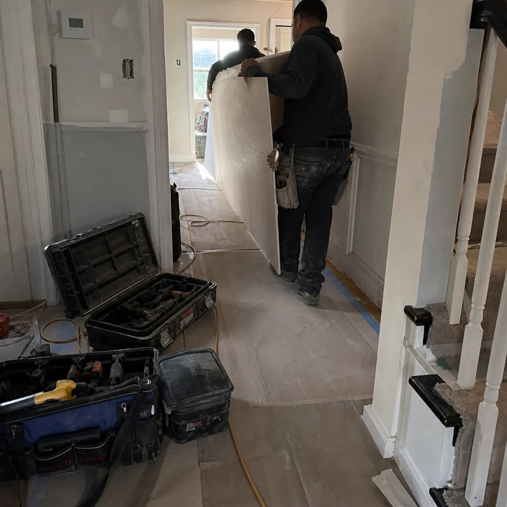 Contractors installing drywall during a residential home renovation project