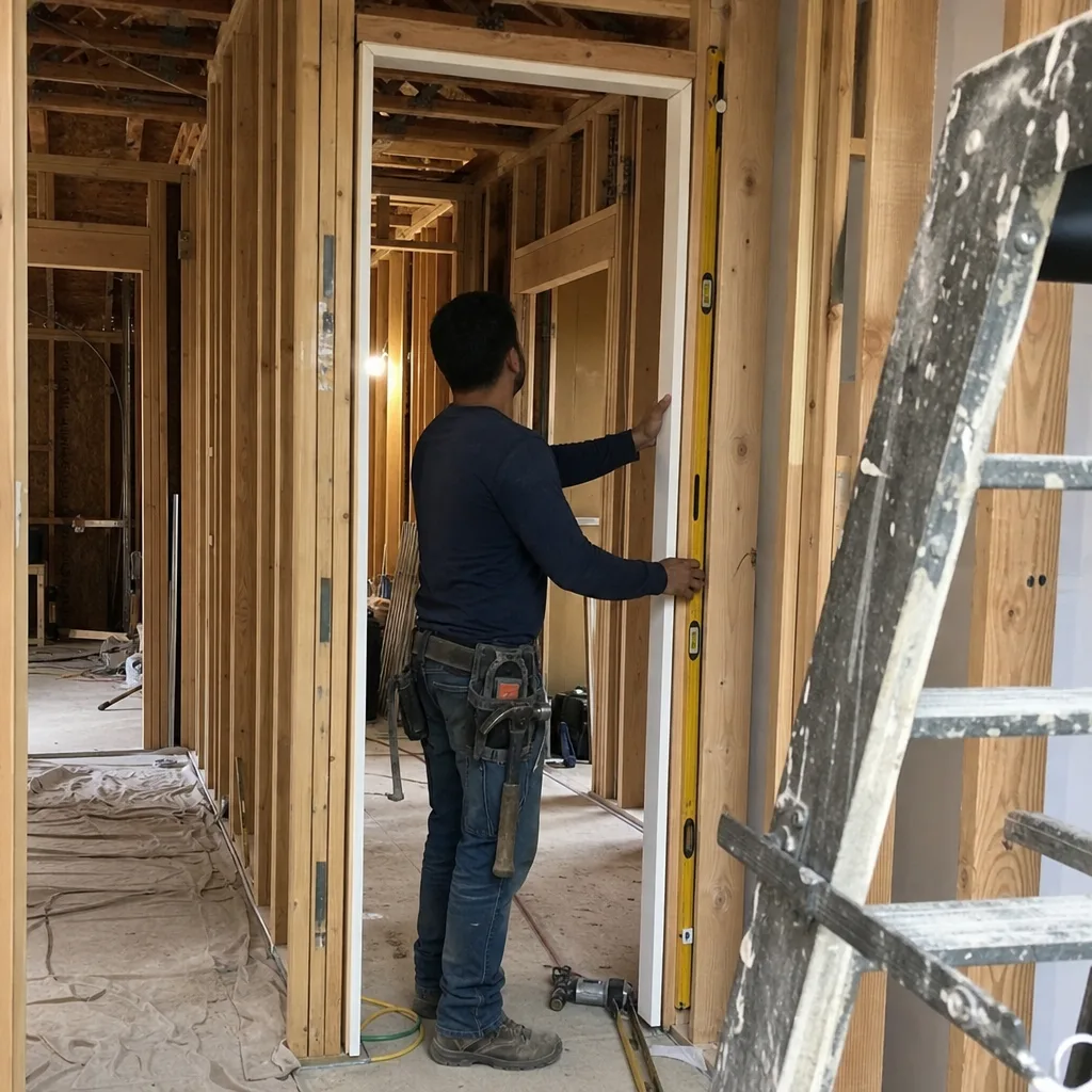 Contractor using a level to install a new door frame