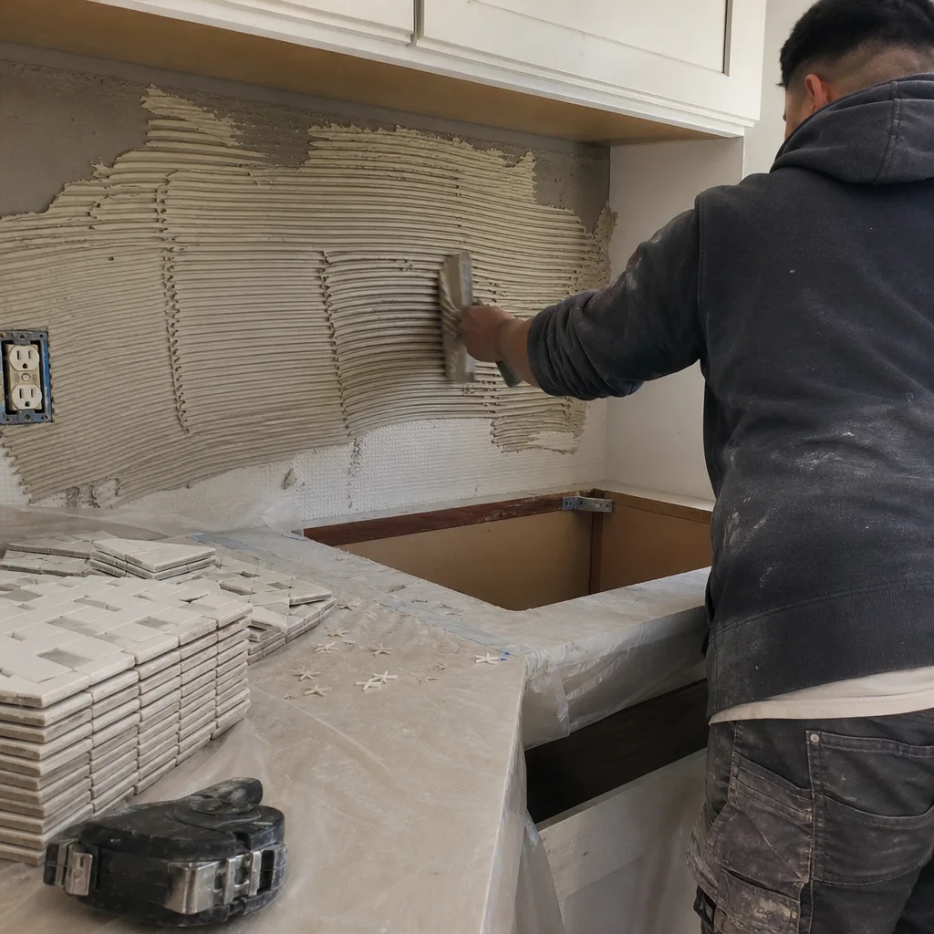 Contractor applying mortar for a professional kitchen backsplash tile installation