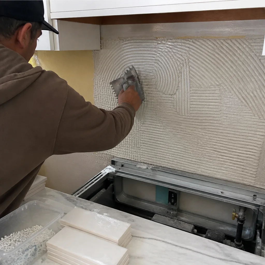 Contractor applying mortar for kitchen backsplash tile installation