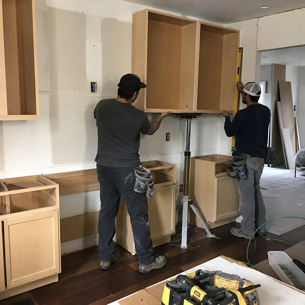 Two contractors installing wooden upper kitchen cabinets during a home renovation.
