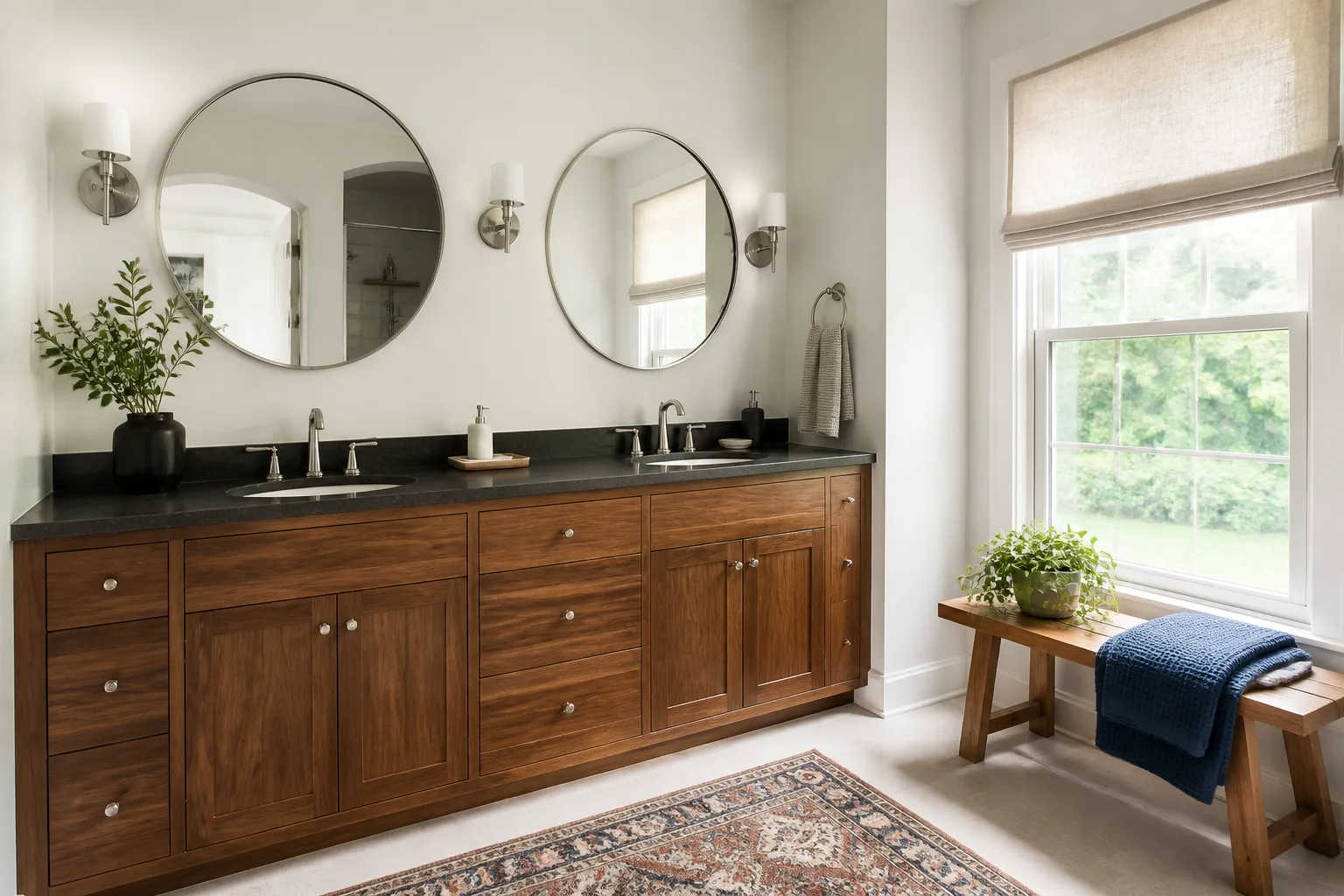 A wood double vanity with two mirrors after a bathroom remodel