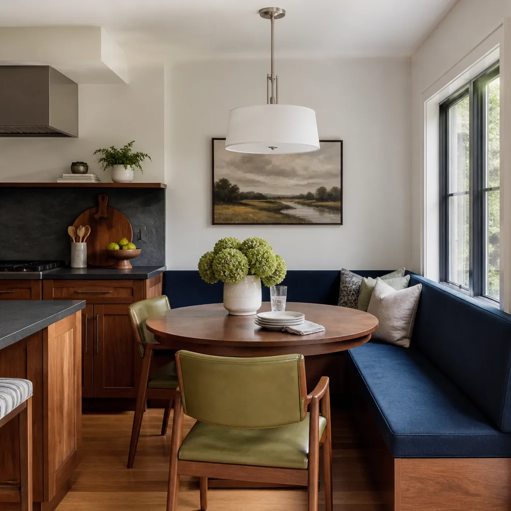 A dining nook with a built-in banquette